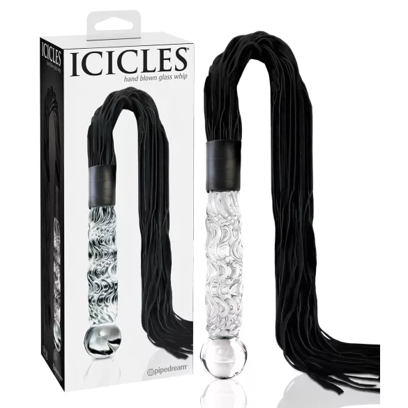 Icicles No. 38 - δερμάτινο μαστίγιο και γυάλινο δονητής - διάφανο/μαύρο