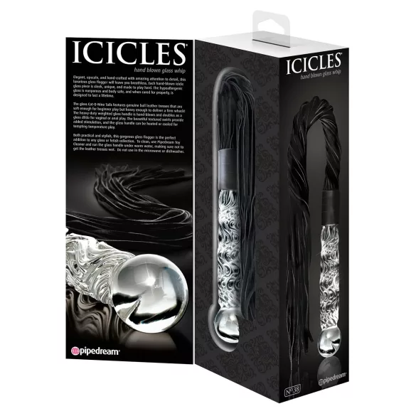 Icicles No. 38 - δερμάτινο μαστίγιο και γυάλινο δονητής - διάφανο/μαύρο