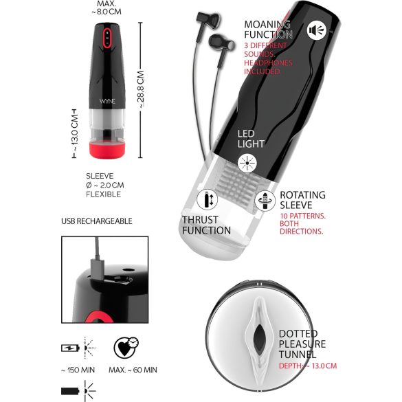 WYNE 05 - ανδρικός αυτόματος περιστροφικός μαλακός masturbator - μαύρο/λευκό