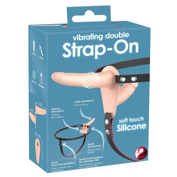 You2Toys - strap-on διπλός δονητής - γυναικεία χρήση - φυσικό χρώμα