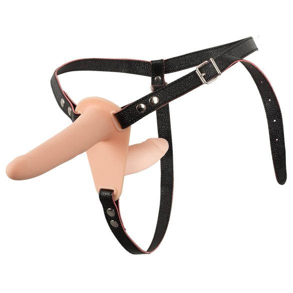 You2Toys - strap-on διπλός δονητής - γυναικεία χρήση - φυσικό χρώμα