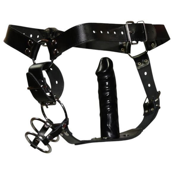 ZADO - δερμάτινο στρινγκ με δονητή - 3 δαχτυλίδια πέους