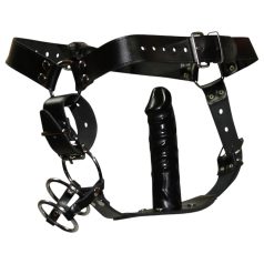   ZADO - δερμάτινο στρινγκ με δονητή - 3 δαχτυλίδια πέους - L/XL