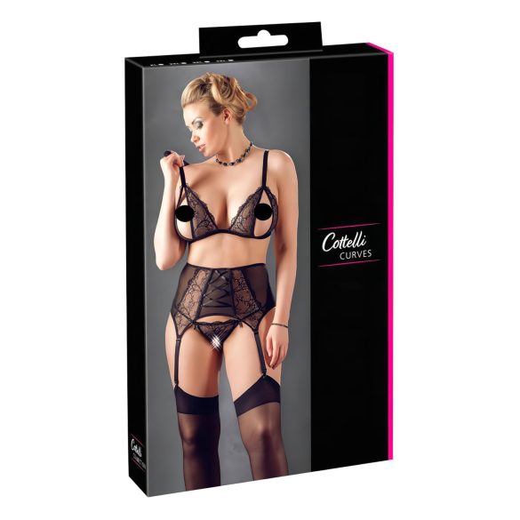 Cottelli Plus Size - Μαύρο τρίο δαντελένιων εσωρούχων