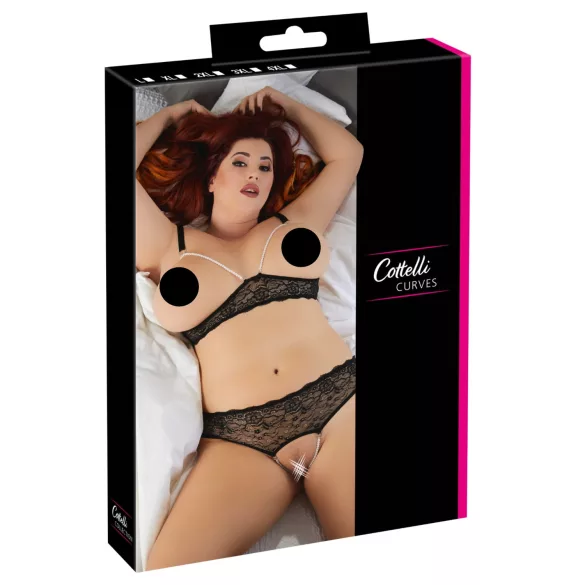 Cottelli Plus Size - σετ σουτιέν με πέρλες - μαύρο - 3XL