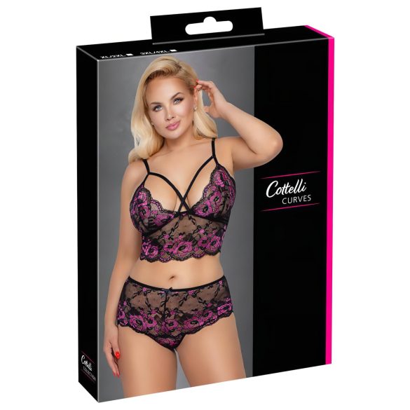 Cottelli Plus - Άνθη Σουτιέν Σετ (Μαύρο-Μωβ) - 3XL/4XL