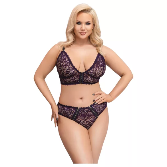 Cottelli Plus Size - διάφανο σετ σουτιέν με σχέδιο (μωβ) - 2XL