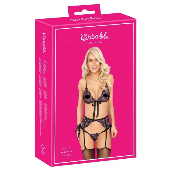 Kissable - μαύρο σετ σουτιέν με ροζ-μωβ κεντήματα - L/XL