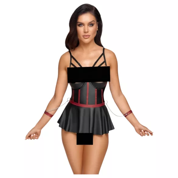 Cottelli Bondage - γυναικείο σετ εσώρουχα με χειροπέδες - μαύρο, γυαλιστερό - 85B/L