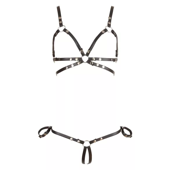 Cottelli Bondage - γυναικείο ολόσωμο δερμάτινο μπικίνι - μαύρο, λαμπερό - M