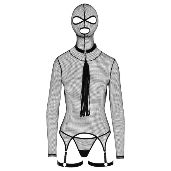 Bad Kitty - σετ BDSM διχτυωτό διάφανο με μαστίγιο - μαύρο - L