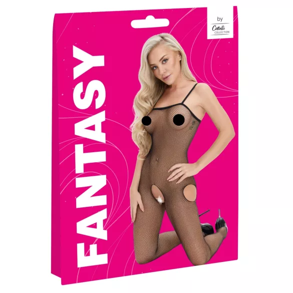 Cottelli Fantasy - μαύρη see-through ολόσωμη φόρμα με ανοίγματα στους γοφούς και ανοιχτό καβάλο (S-L)