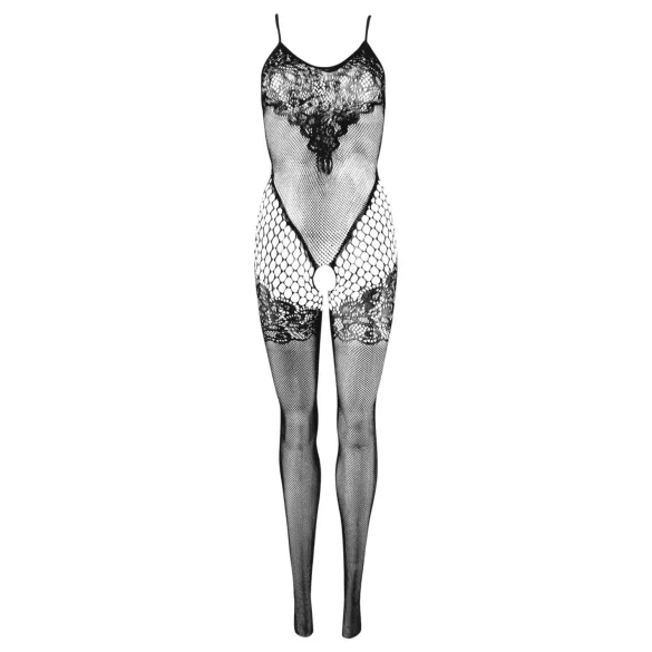 Cottelli Fantasy - μαύρο διχτυωτό κορμάκι τύπου catsuit με ζαρτιέρες και ανοιχτό καβάλο (S-L)