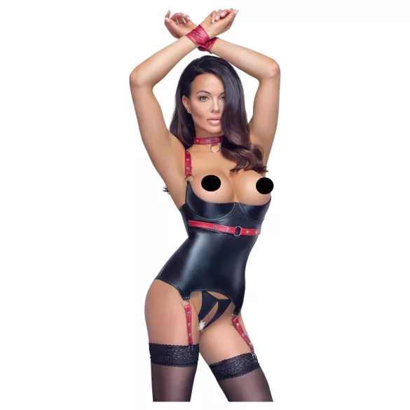 Cottelli Bondage - γυναικείο τοπ μπαλκονέ με γιακά - δερματίνη μαύρο - L