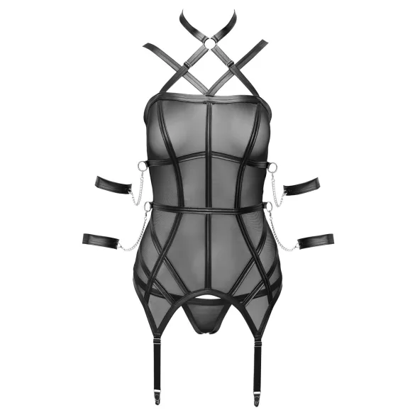 Cottelli Bondage - κορυφαίο με λουριά, χειροπέδες & στρινγκ (μαύρο)