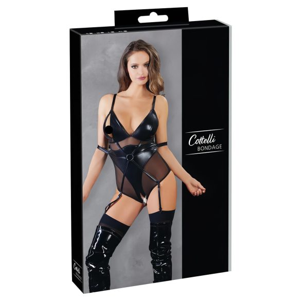 Cottelli Bondage - λαμπερό κορμάκι με χειροπέδες (μαύρο)