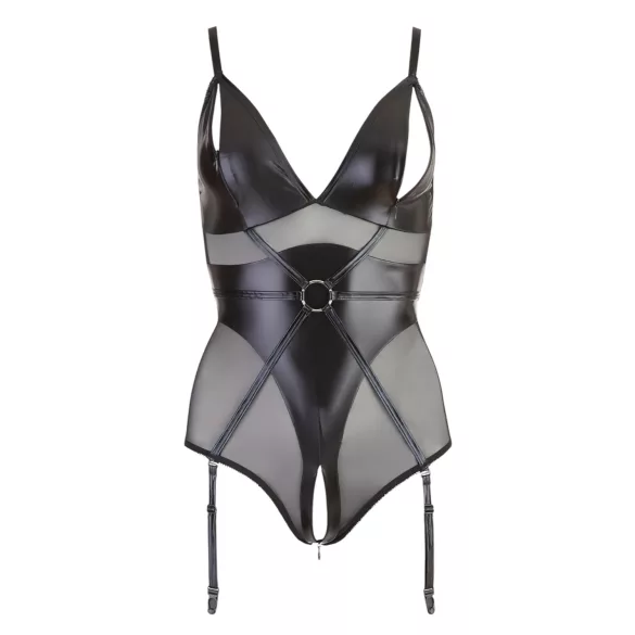 Cottelli Bondage - γυναικείο κορμάκι λάτεξ με χειροπέδες - μαύρο - XL