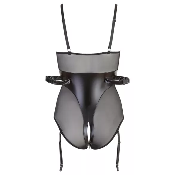 Cottelli Bondage - γυναικείο κορμάκι λάτεξ με χειροπέδες - μαύρο - XL