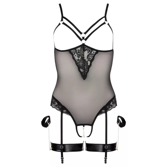 Cottelli Bondage - κορμάκι με μεταλλικούς κρίκους και χειροπέδες - μαύρο