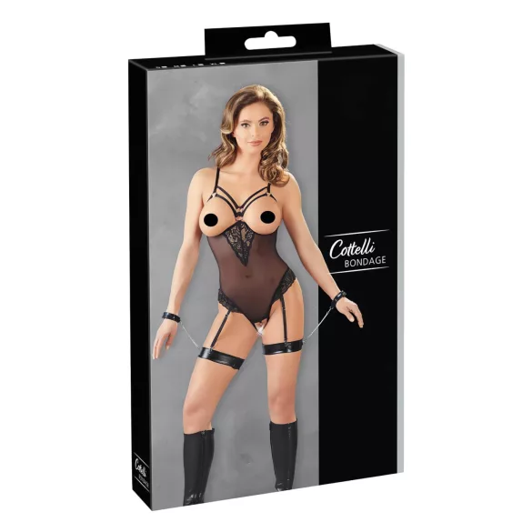 Cottelli Bondage - κορμάκι με μεταλλικούς κρίκους και χειροπέδες - μαύρο - L