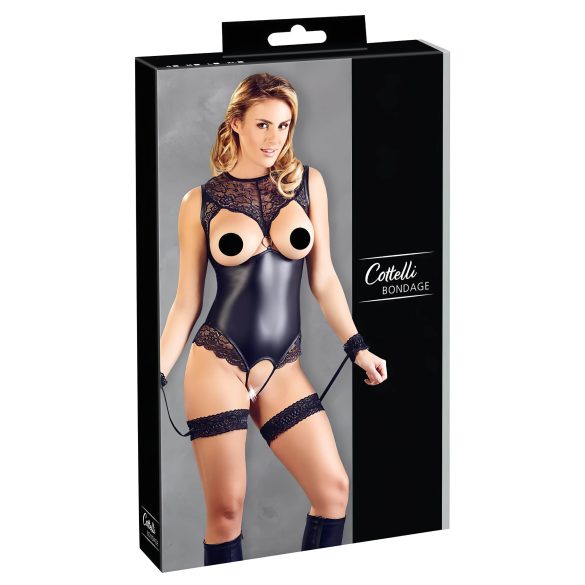 Cottelli Bondage - Γυαλιστερό βελούδινο κορμάκι και χειροπέδες (μαύρο)