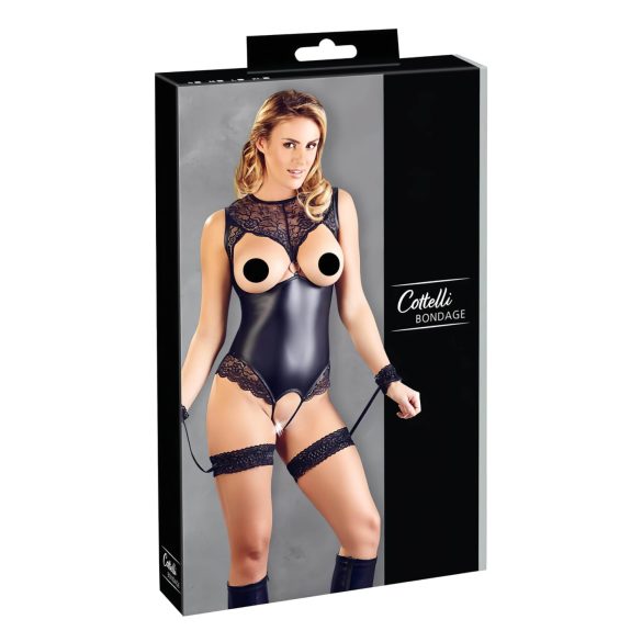 Cottelli Bondage - Γυαλιστερό βελούδινο κορμάκι και χειροπέδες (μαύρο) - L
