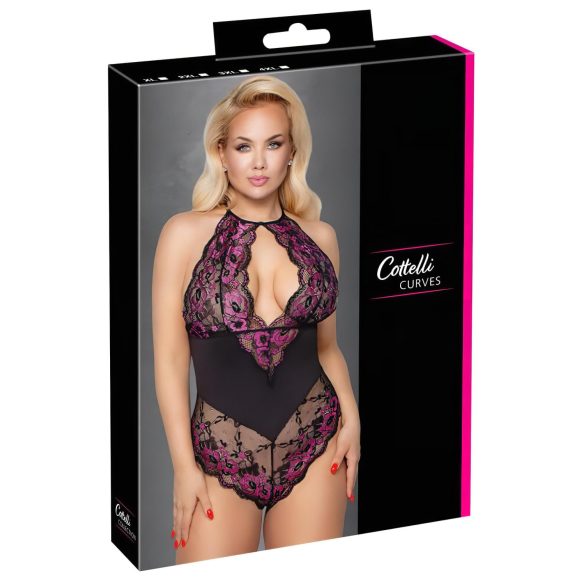 Cottelli Plus Size - Λουλουδένιο κορμάκι (μαύρο-μοβ) - 3XL
