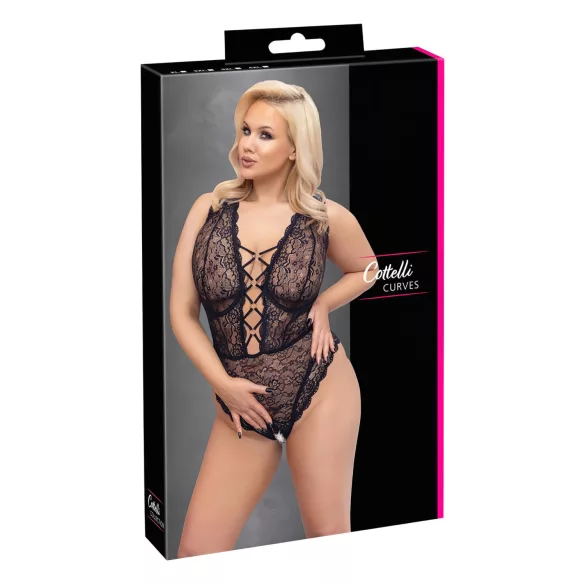 Cottelli Curves - κορμάκι plus size διάφανο με σχέδια - μαύρο - 90D/XL
