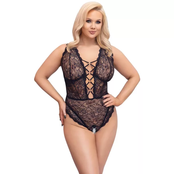 Cottelli Curves - κορμάκι plus size διάφανο με σχέδια - μαύρο - 90D/XL