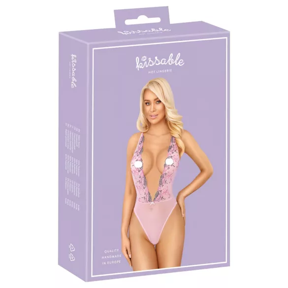 Kissable - γυναικείο κορμάκι με κεντημένα τριαντάφυλλα - ροζ - L/XL