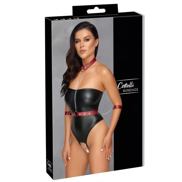 Cottelli Bondage - γυαλιστερό κορμάκι με δέστρες χεριών και λαιμού (μαύρο) - M
