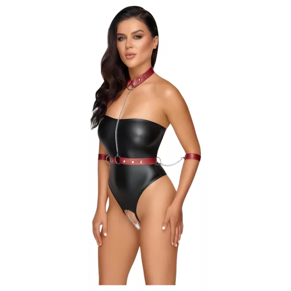 Cottelli Bondage - γυαλιστερό κορμάκι με δέστρες χεριών και λαιμού (μαύρο) - M