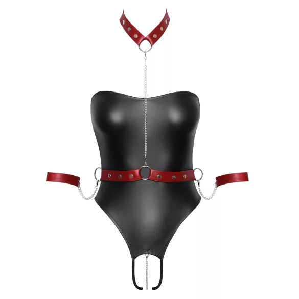 Cottelli Bondage - γυαλιστερό κορμάκι με δέστρες χεριών και λαιμού (μαύρο) - M