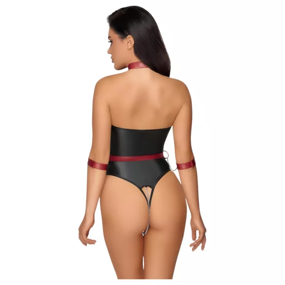 Cottelli Bondage - γυναικείο κορμάκι bondage με γυαλιστερή υφή και χειροπέδες - M