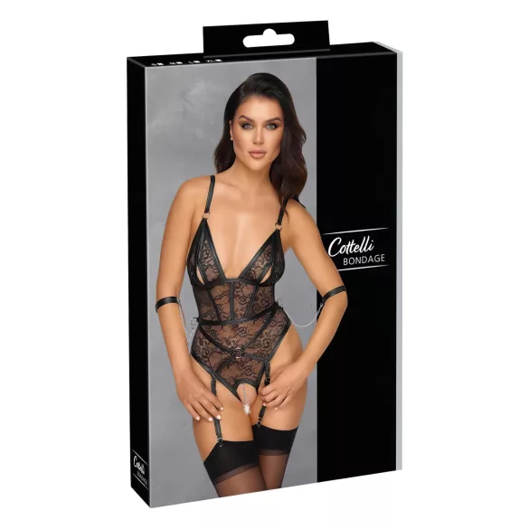 Cottelli Bondage - κορμάκι με άνοιγμα και χειροπέδες - μαύρο