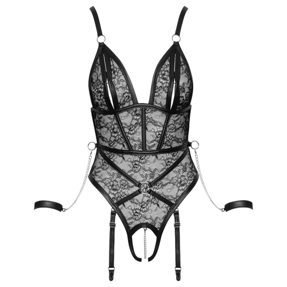 Cottelli Bondage - κορμάκι με άνοιγμα και χειροπέδες - μαύρο