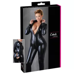   Cottelli Plus Size - ολόσωμη φόρμα party γυαλιστερή μακρυμάνικη μαύρη