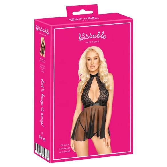 Φιλέκτορ Δαντελένιο Babydoll με Λαιμόδετο (Μαύρο) - L/XL