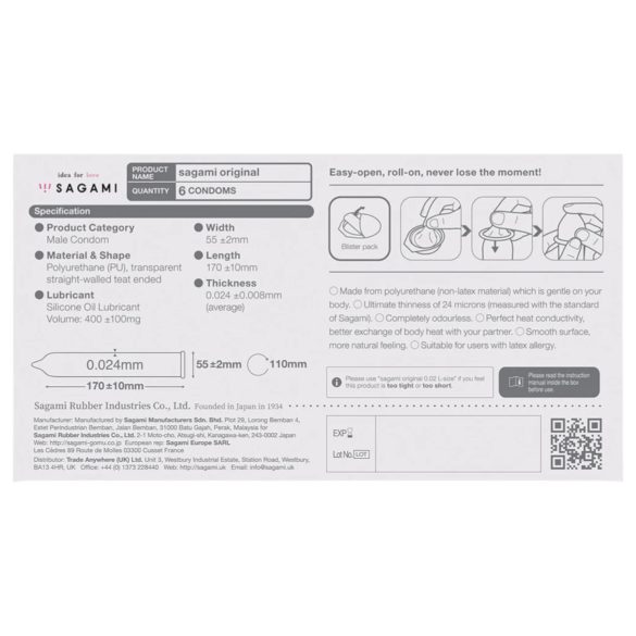 Sagami Original 0.02 - προφυλακτικό - 55mm - 6 τεμάχια
