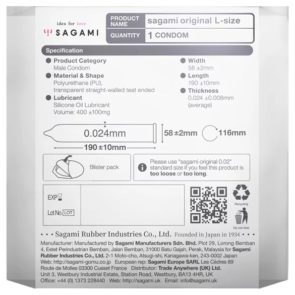 Sagami Original 0.02 L - προφυλακτικό - 58mm - 1 τεμάχιο