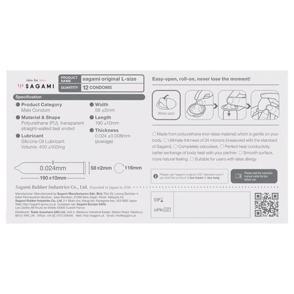 Sagami Original 0,02 L - προφυλακτικό λεπτό - 58mm - 12 τεμάχια