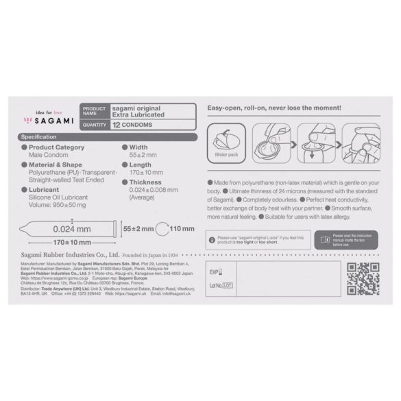 Sagami Original 0.02 - προφυλακτικό έξτρα λιπαντικό - 55mm - 12 τεμάχια