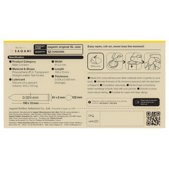 Sagami Original 0.02 XL - προφυλακτικό - 61mm - 12 τεμάχια