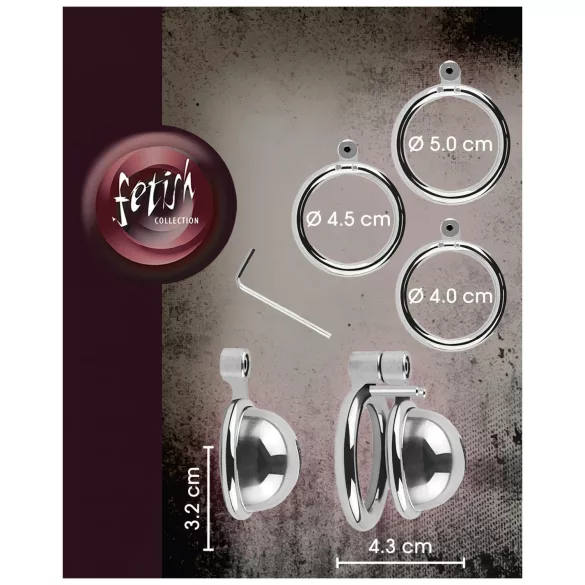 fetish collection - μίνι κλουβί πέους με 3 εναλλάξιμους δακτυλίους όρχεων (ασημί)