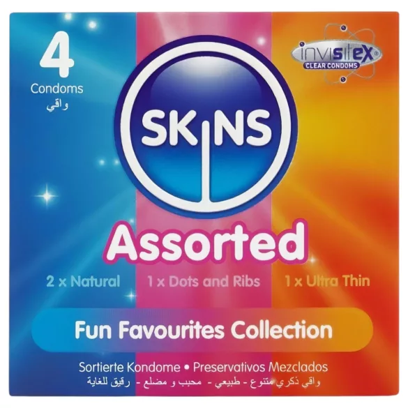 Skins - μεικτά προφυλακτικά - με κουκίδες, φυσικά, έξτρα λεπτά (4 τεμ.)