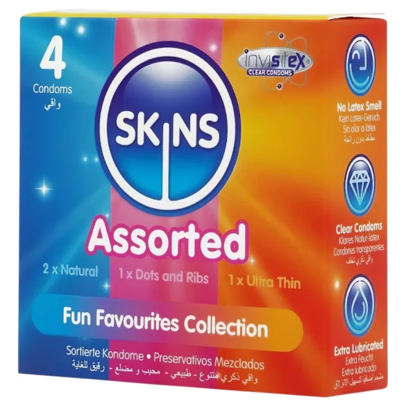 Skins - μεικτά προφυλακτικά - με κουκίδες, φυσικά, έξτρα λεπτά (4 τεμ.)