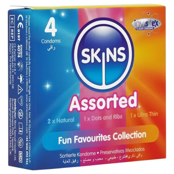 Skins - μεικτά προφυλακτικά - με κουκίδες, φυσικά, έξτρα λεπτά (4 τεμ.)