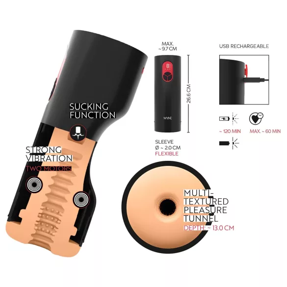 WYNE 07 - ανδρικός masturbator με δόνηση και αναρρόφηση - μαύρο