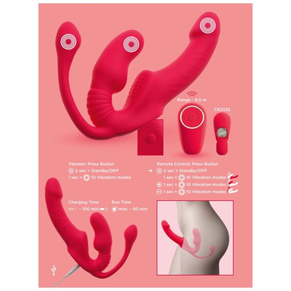 You2Toys Strapless - τριπλός δονητής χωρίς λουράκια για ζευγάρια (ροζ)
