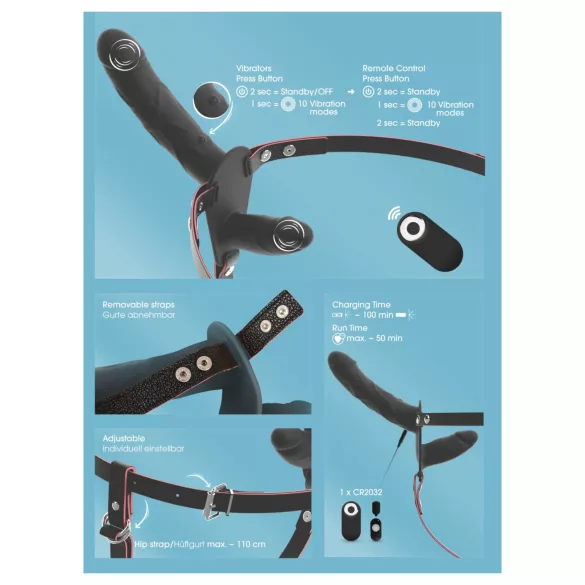 You2Toys - τηλεχειριζόμενος διπλός δονητής με ζώνη (μαύρος)